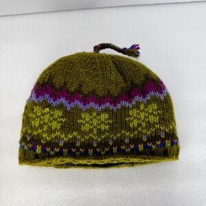 Newari Icelandic Beanie Hat Womens Olive Green Wool Fleece Lined Hand Knit Boho
